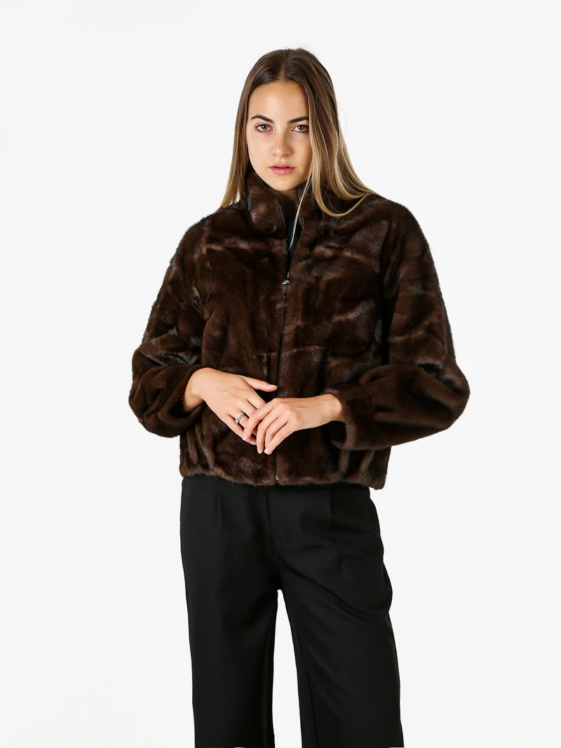 Cappotto corto da donna in ecopelliccia con cerniera - moro