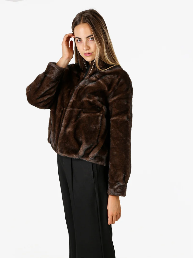 Cappotto corto da donna in ecopelliccia con cerniera - moro