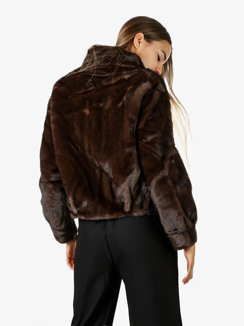 Cappotto corto da donna in ecopelliccia con cerniera - moro