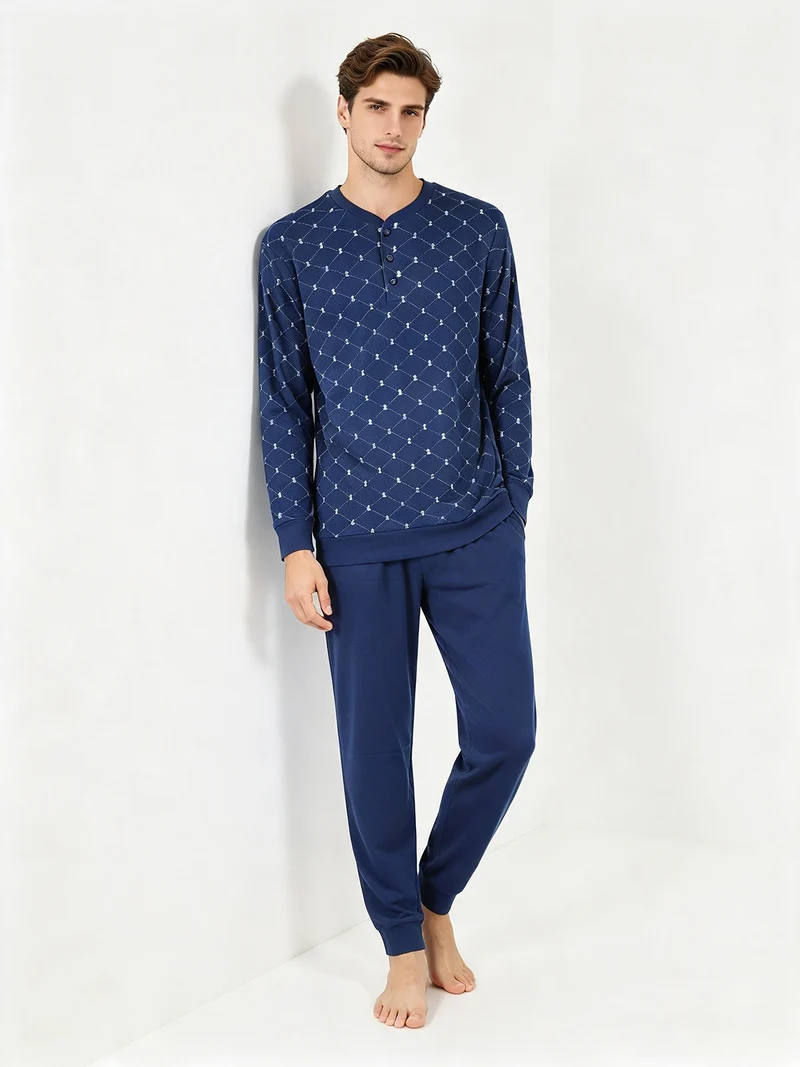Pigiama lungo da uomo in cotone con stampe disegni - blu