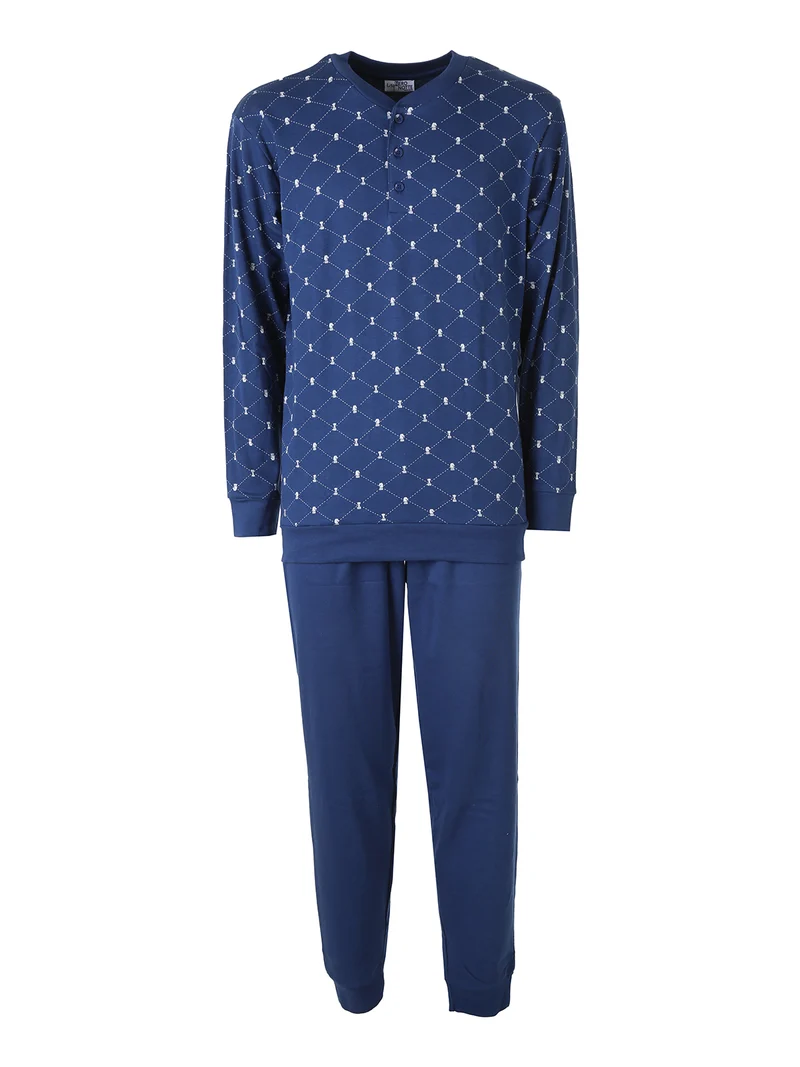 Pigiama lungo da uomo in cotone con stampe disegni - blu