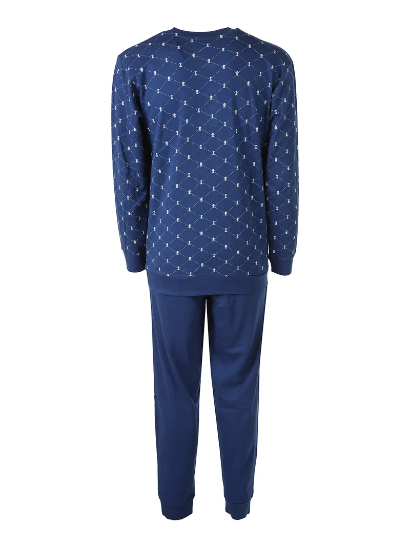 Pigiama lungo da uomo in cotone con stampe disegni - blu