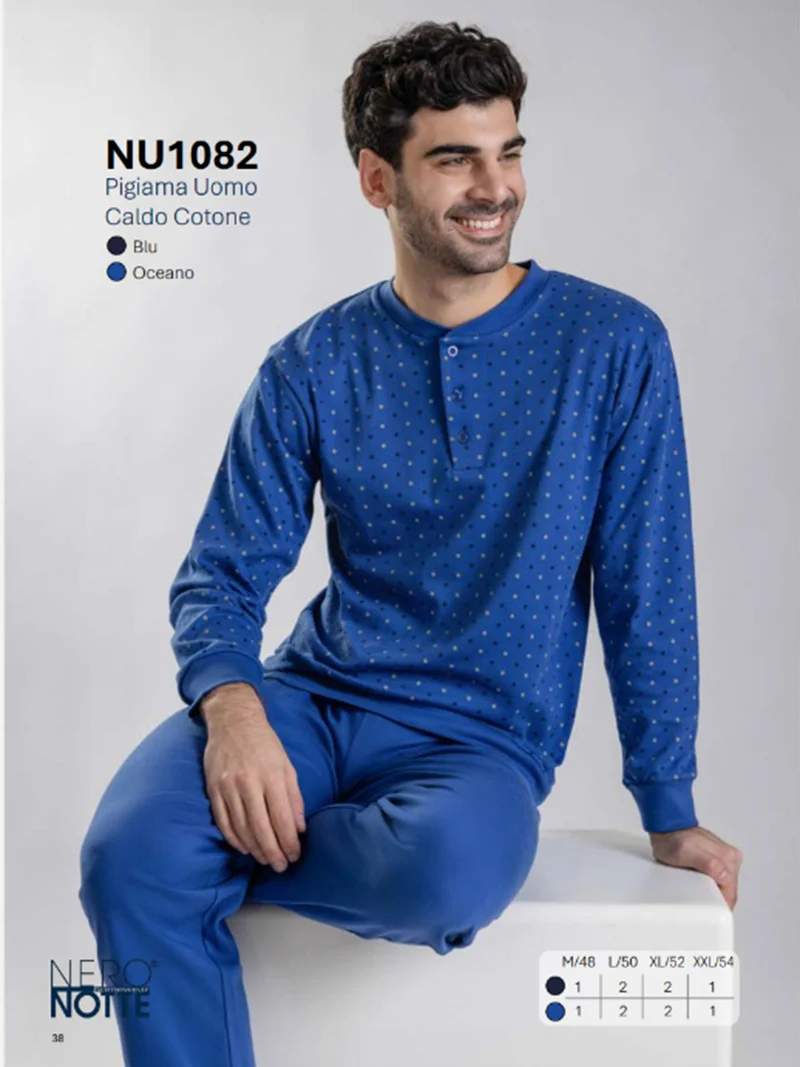 Pigiama lungo da uomo in cotone con stampa disegni - blu scuro