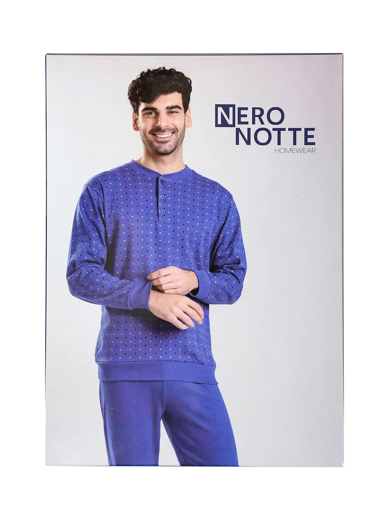 Pigiama lungo da uomo in cotone con stampa disegni - blu