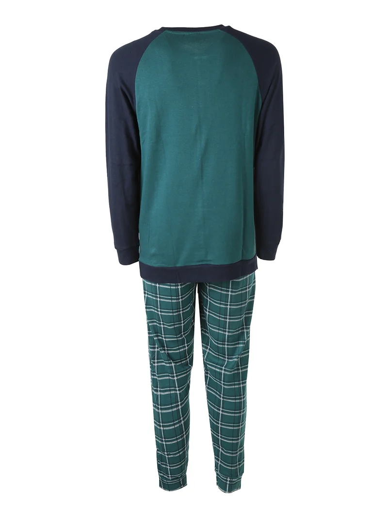 Pigiama lungo da uomo in cotone con taschino e pantaloni a quadri - verde