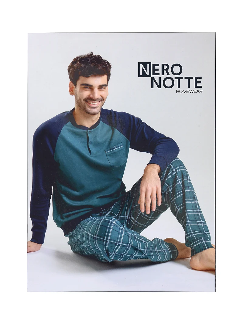 Pigiama lungo da uomo in cotone con taschino e pantaloni a quadri - verde