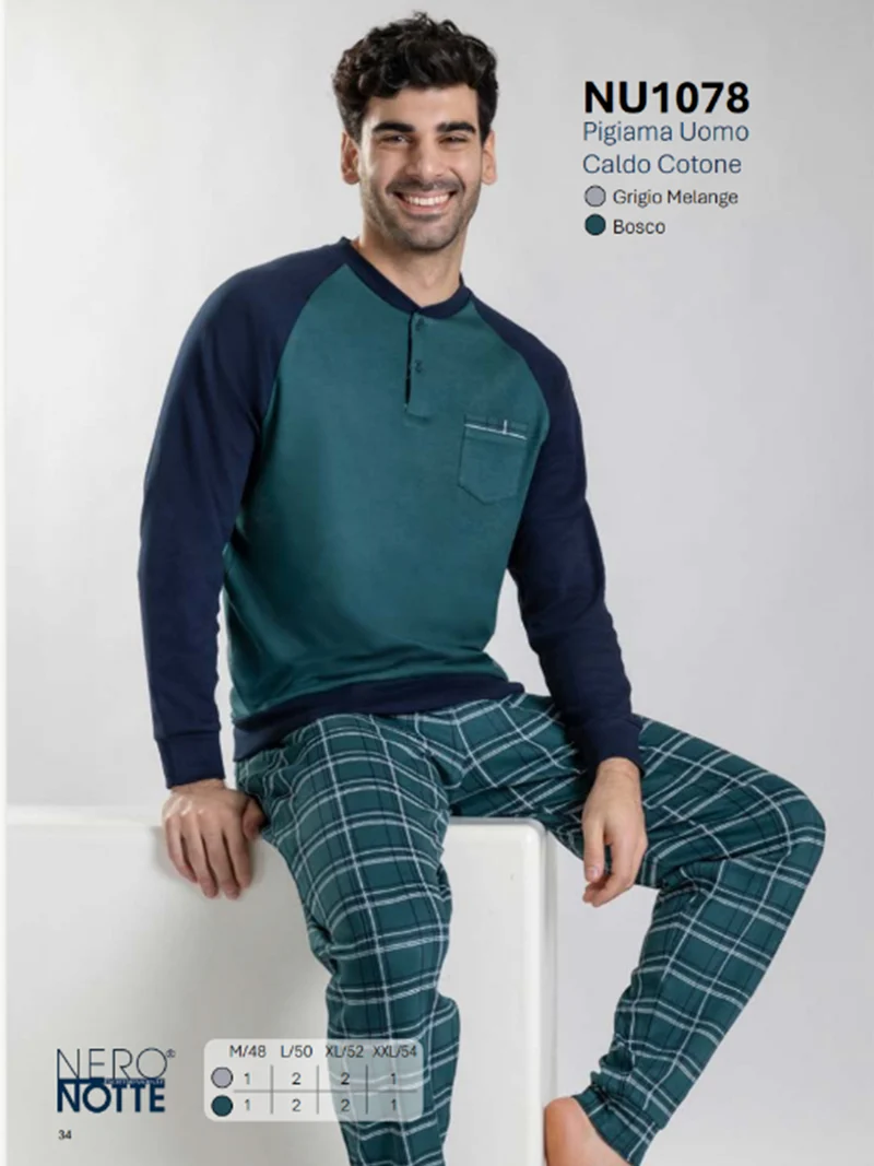 Pigiama lungo da uomo in cotone con taschino e pantaloni a quadri - grigio