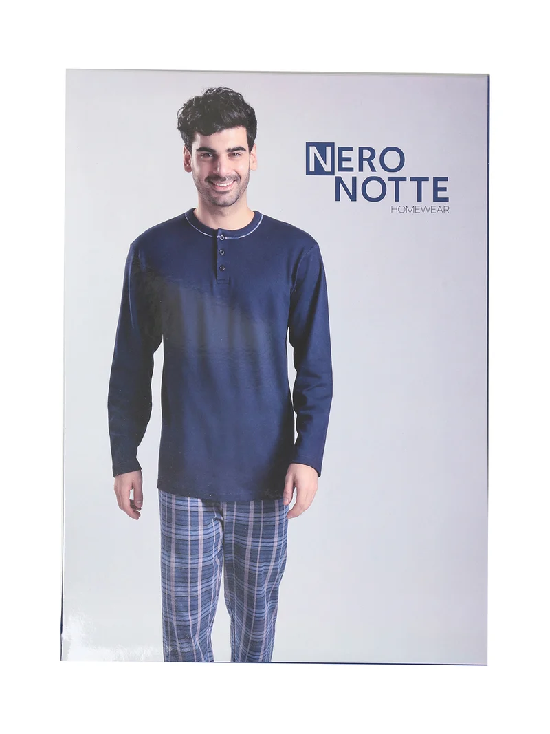 Pigiama lungo da uomo in cotone con pantaloni a quadri - ottanio