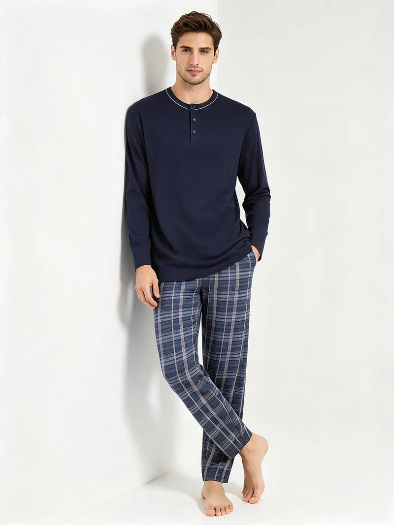 Pigiama lungo da uomo in cotone con pantaloni a quadri - blu scuro
