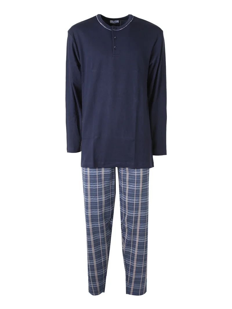Pigiama lungo da uomo in cotone con pantaloni a quadri - blu scuro