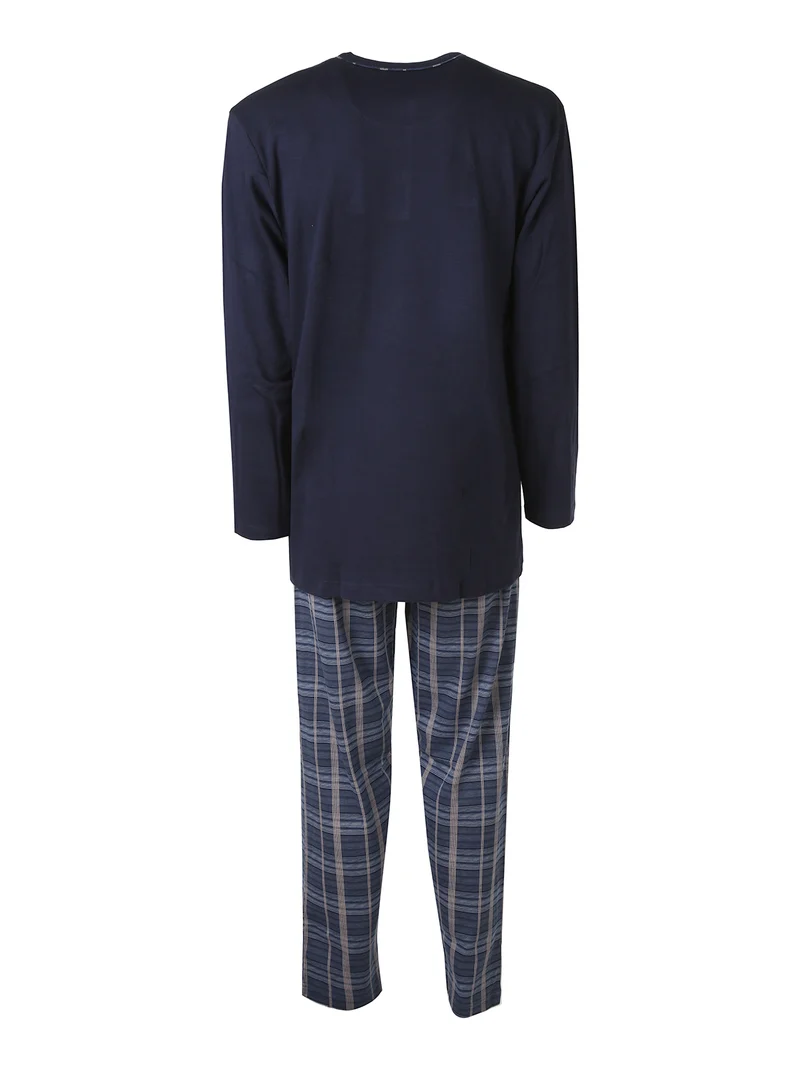 Pigiama lungo da uomo in cotone con pantaloni a quadri - blu scuro