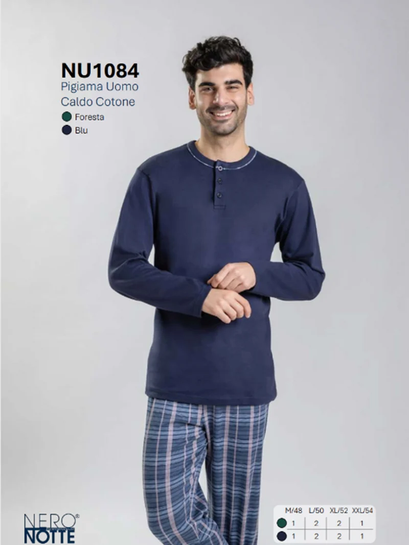 Pigiama lungo da uomo in cotone con pantaloni a quadri - blu scuro