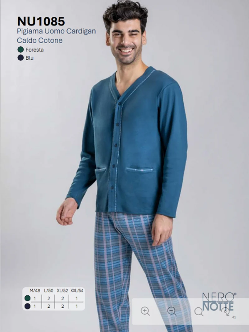 Pigiama aperto da uomo in cotone con bottoni e pantaloni a quadri - blu scuro