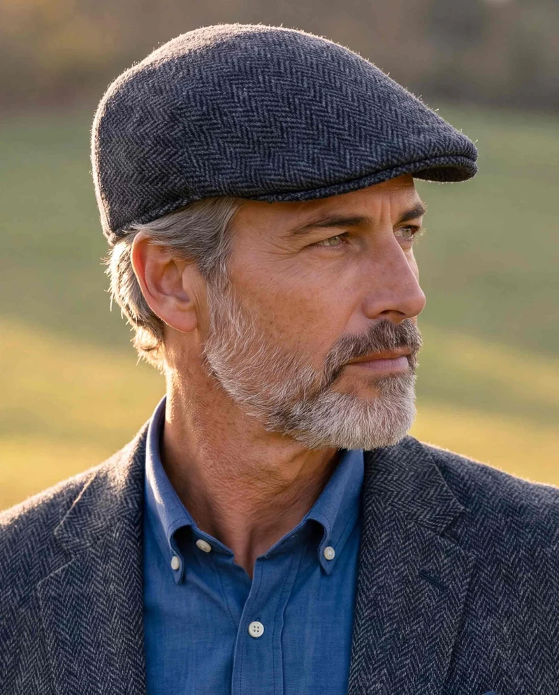 Schiebermütze "Henry Cap" aus Original Harris Tweed – Seastone Navy Herringbone