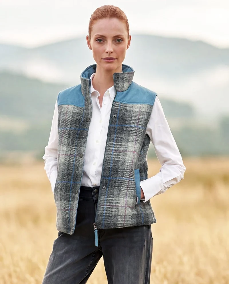Damen-Steppweste "Lisa" aus Harris Tweed mit Nappalederbesatz | Queen Check