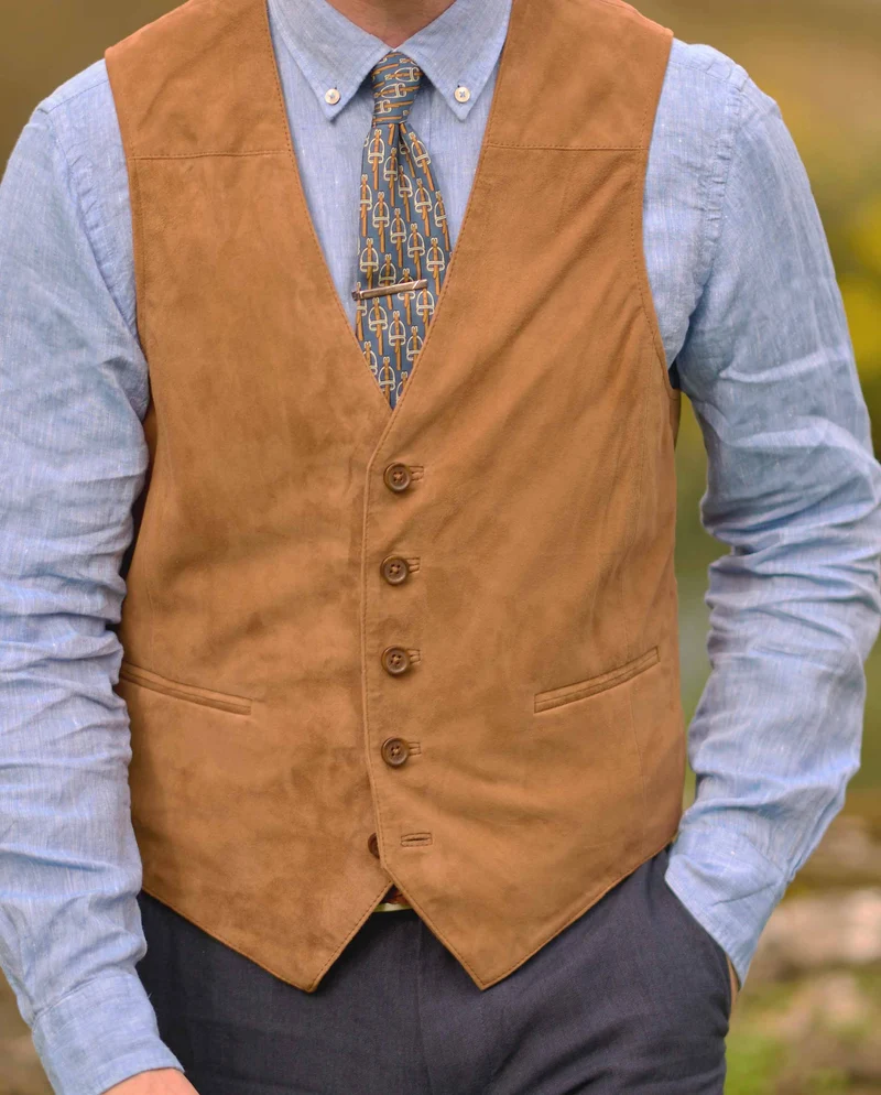 Herren Lederweste "Tailor" aus super softem Ziegenvelours in cognac