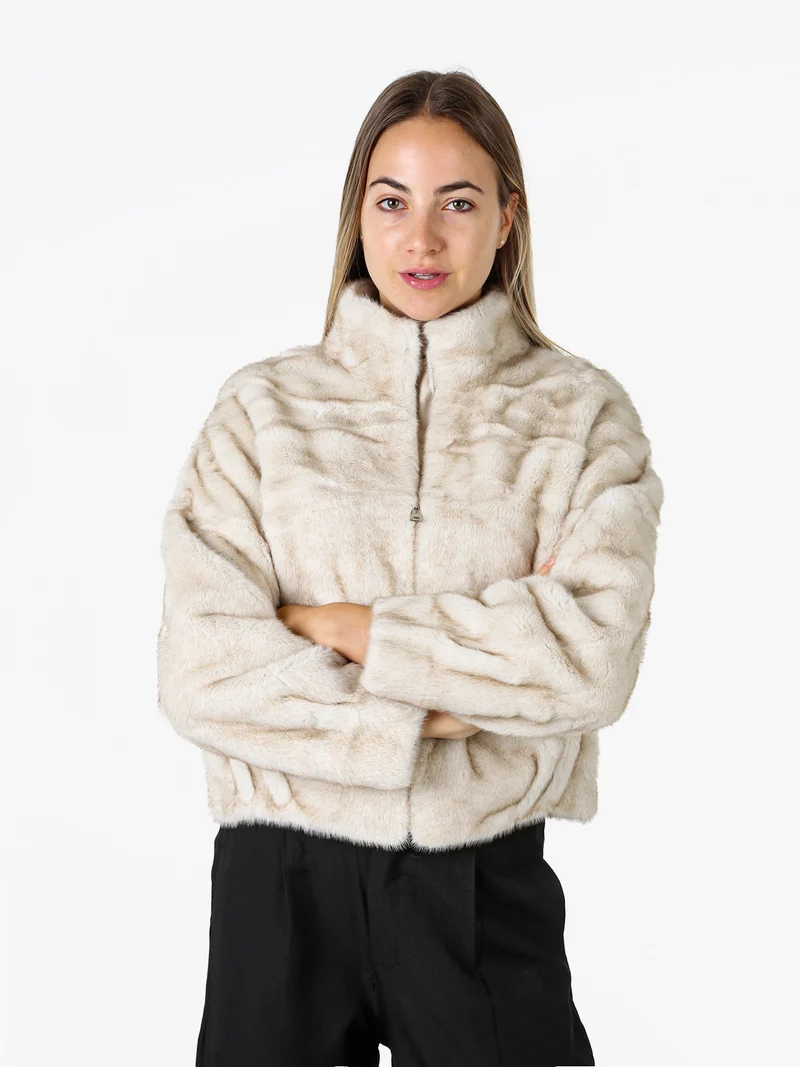 Cappotto corto da donna in ecopelliccia con cerniera - beige