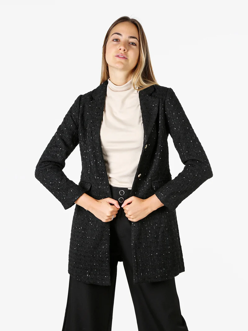 Cappotto donna con bottoni dorati e dettagli di paillettes - nero