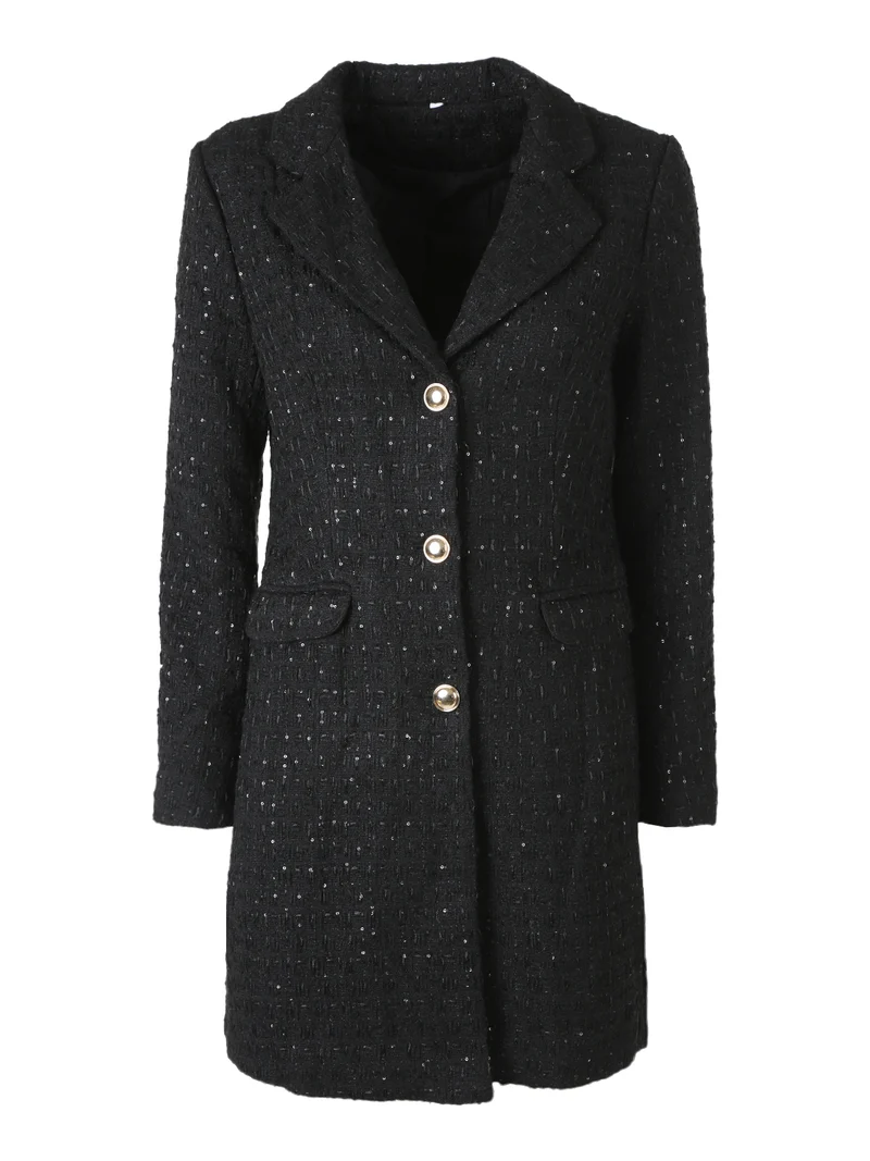 Cappotto donna con bottoni dorati e dettagli di paillettes - nero