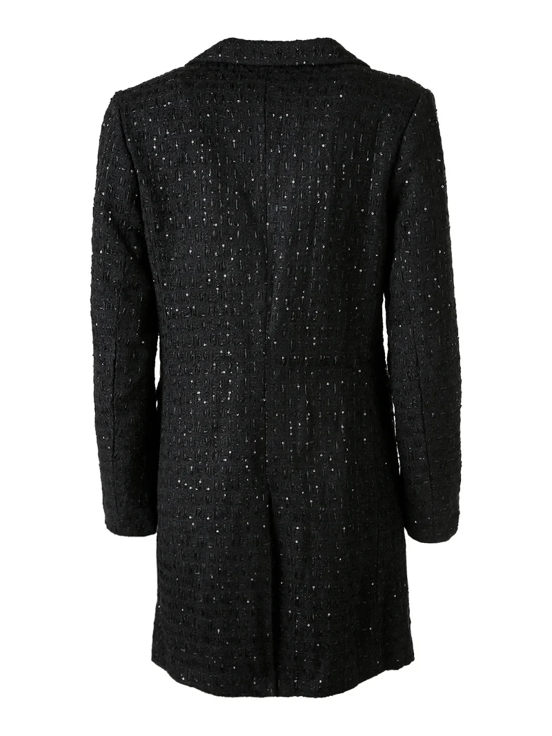 Cappotto donna con bottoni dorati e dettagli di paillettes - nero