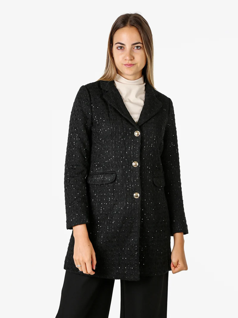 Cappotto donna con bottoni dorati e dettagli di paillettes - nero