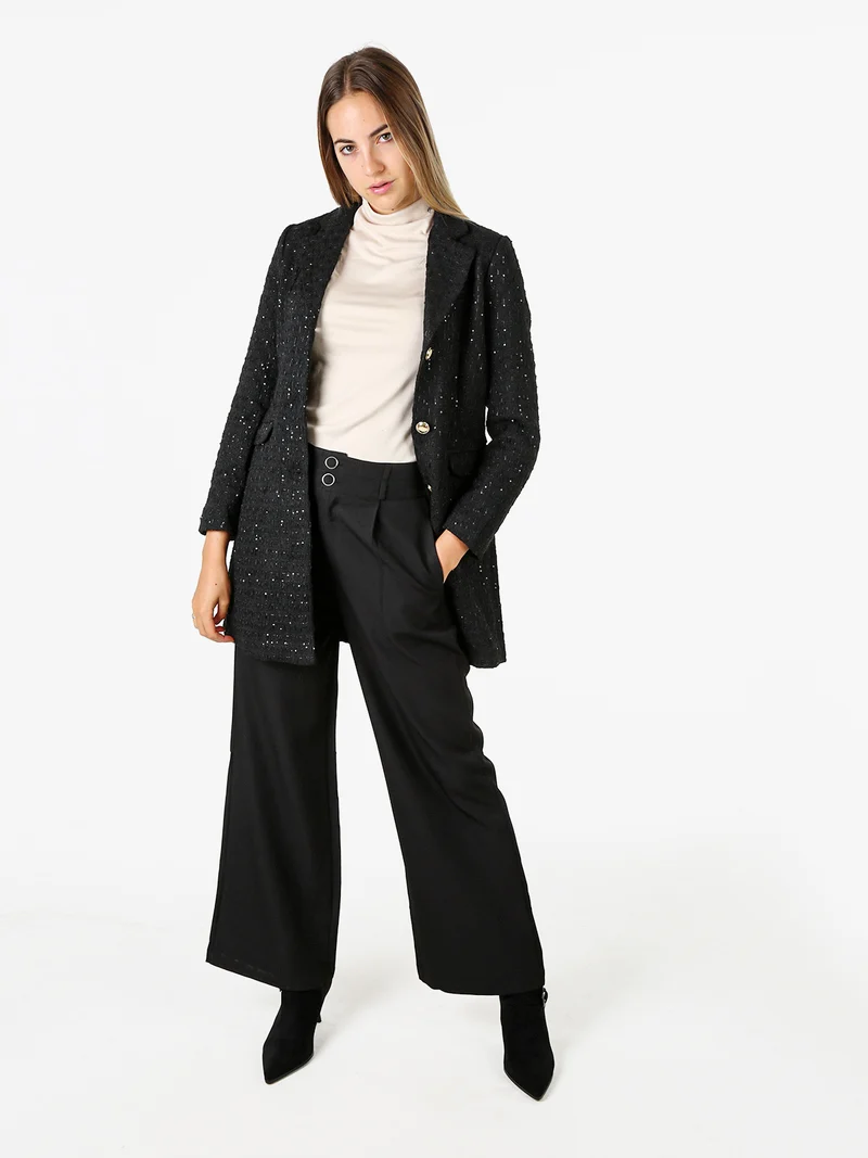 Cappotto donna con bottoni dorati e dettagli di paillettes - nero