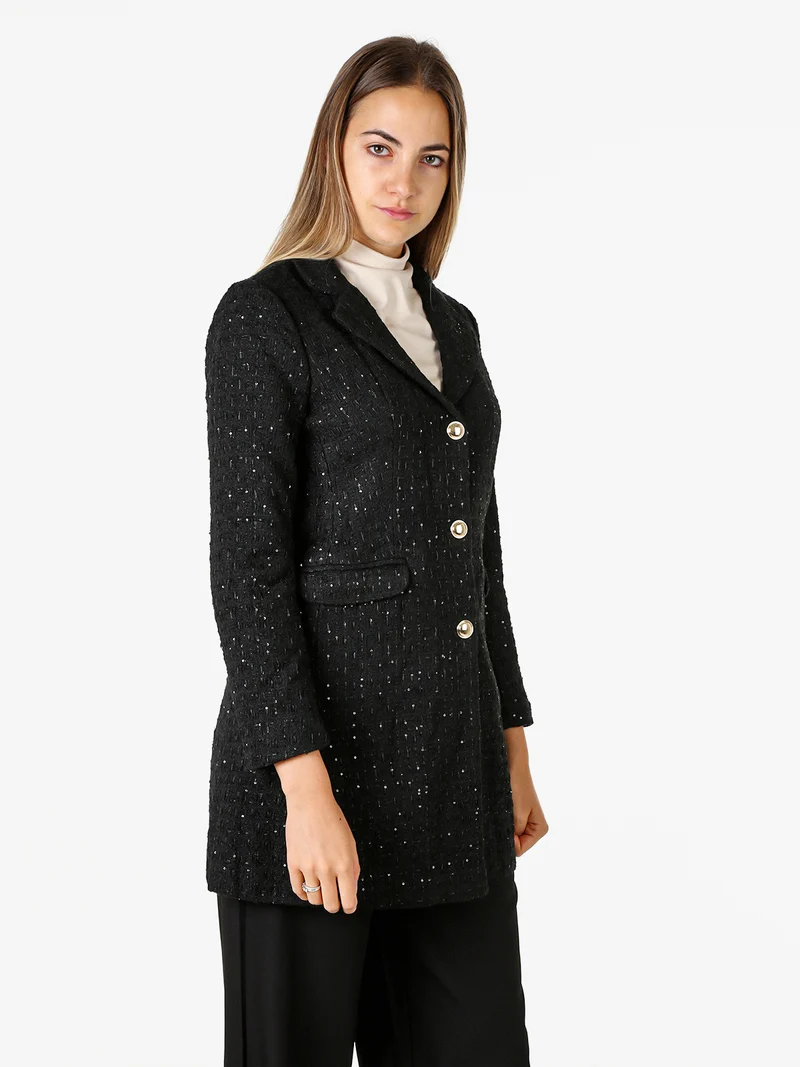 Cappotto donna con bottoni dorati e dettagli di paillettes - nero