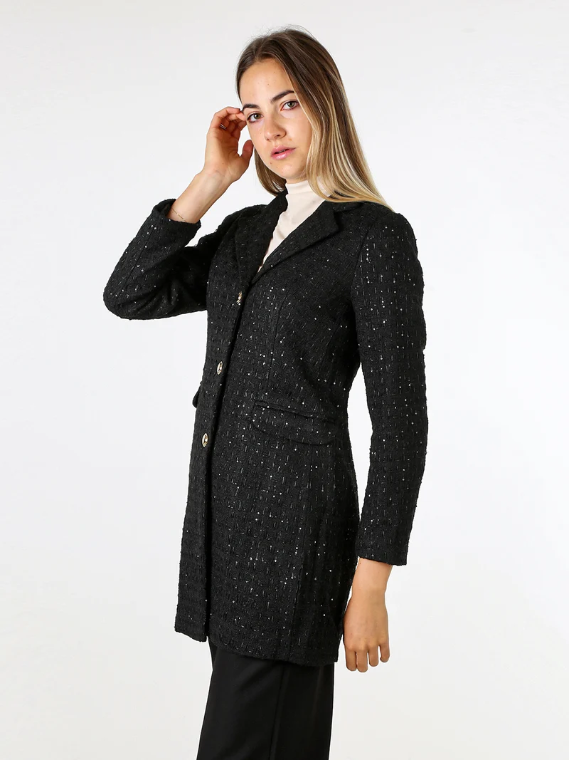 Cappotto donna con bottoni dorati e dettagli di paillettes - nero
