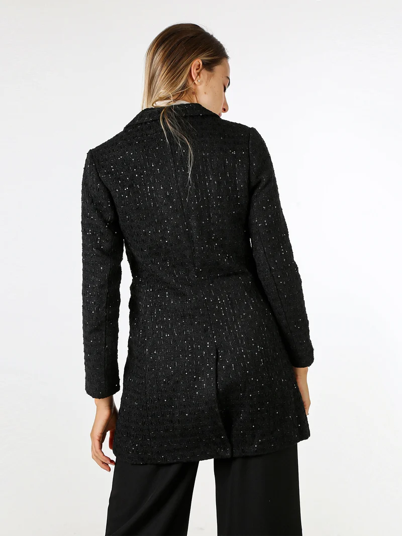 Cappotto donna con bottoni dorati e dettagli di paillettes - nero