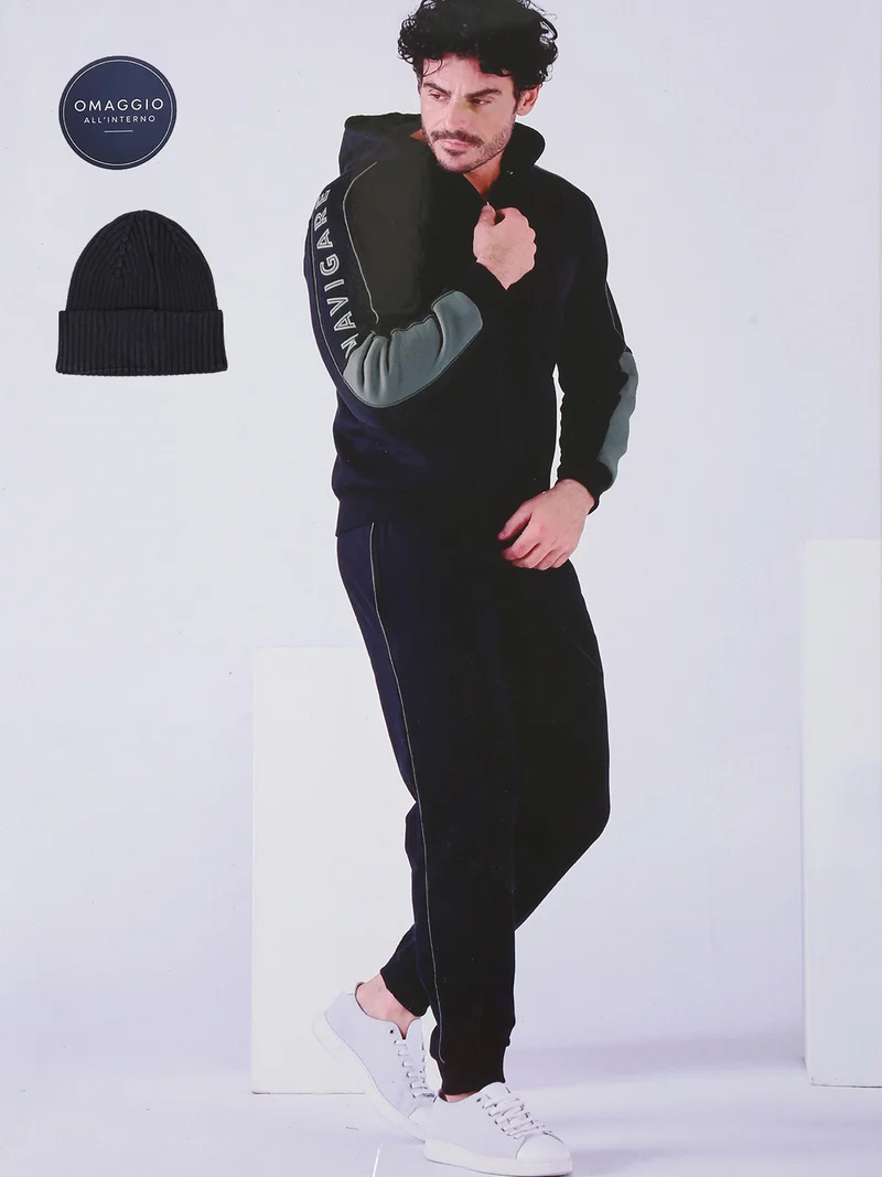 Completo tuta da uomo full zip con cappuccio interno in caldo cotone e berretto a coste incluso - blu scuro