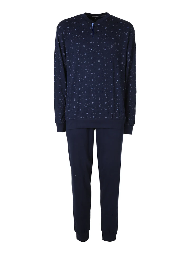 Pigiama lungo da uomo in cotone interlock con stampe e calze incluse - blu scuro