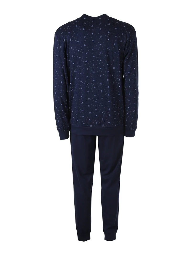 Pigiama lungo da uomo in cotone interlock con stampe e calze incluse - blu scuro
