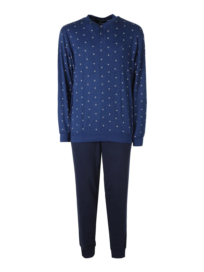 Pigiama lungo da uomo in cotone interlock con stampe e calze incluse - blu