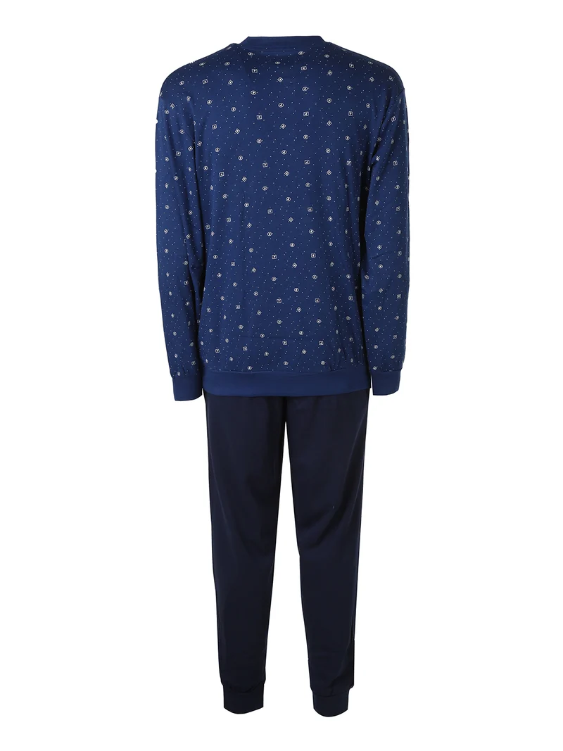 Pigiama lungo da uomo in cotone interlock con stampe e calze incluse - blu