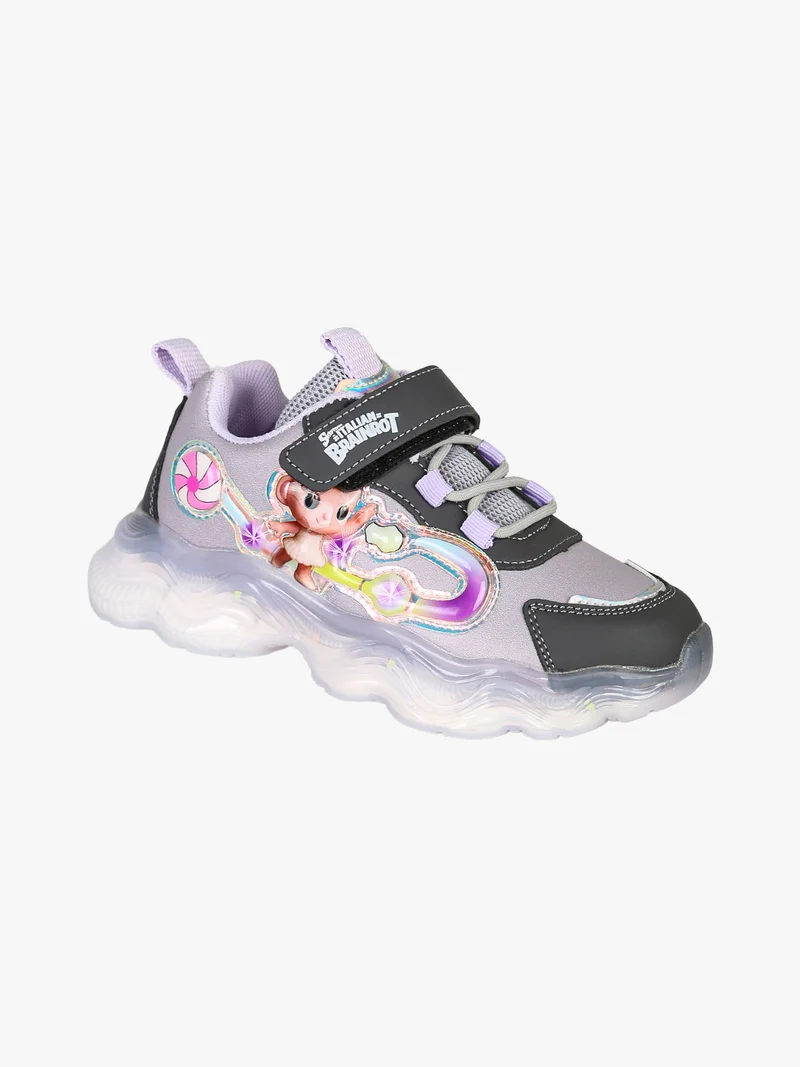 Sneakers da bambina con patch e luci con cinturino a strappo - lilla