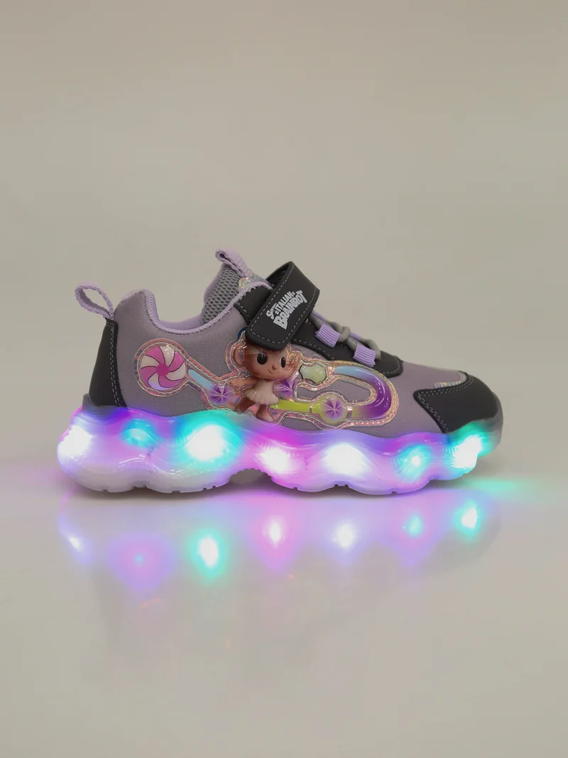Sneakers da bambina con patch e luci con cinturino a strappo - lilla