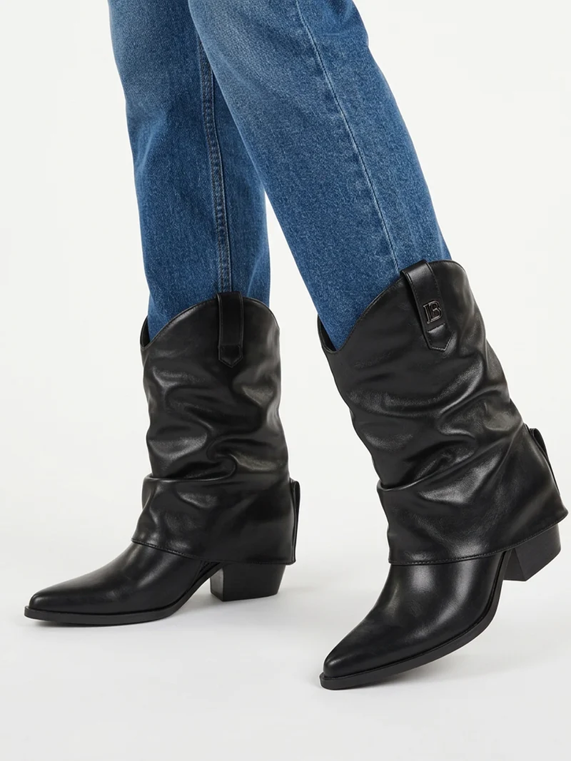 Stivaletti texani slouchy da donna con gambale a doppio strato - nero