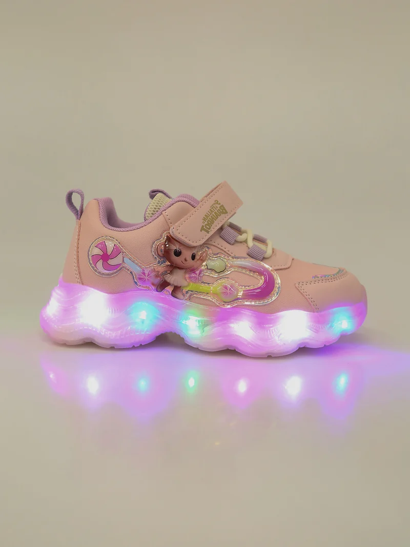 Sneakers da bambina con patch e luci con cinturino a strappo - rosa