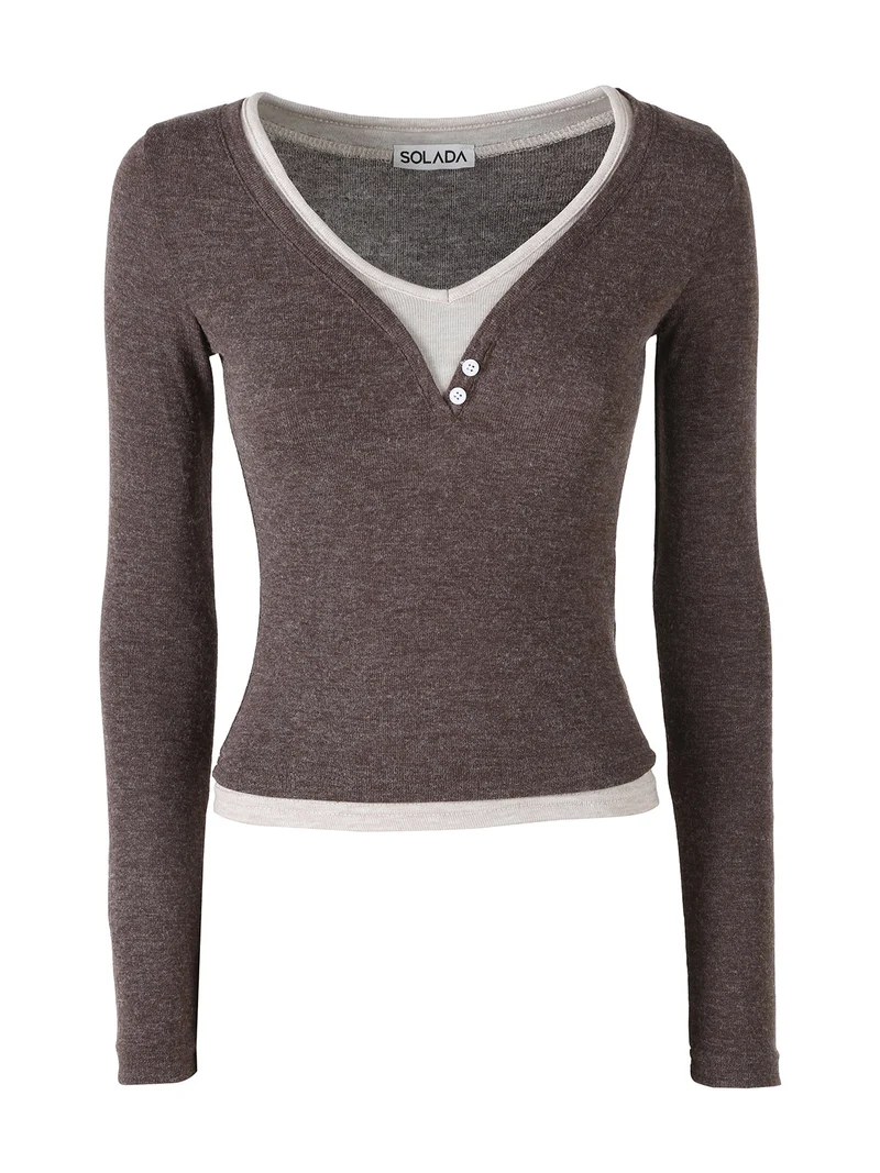 Maglia donna a maniche lunghe in cotone con doppio scollo a V - moro