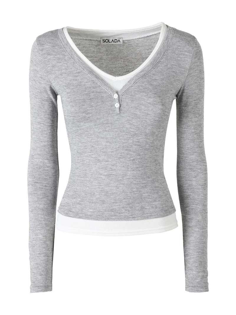 Maglia donna a maniche lunghe in cotone con doppio scollo a V - grigio