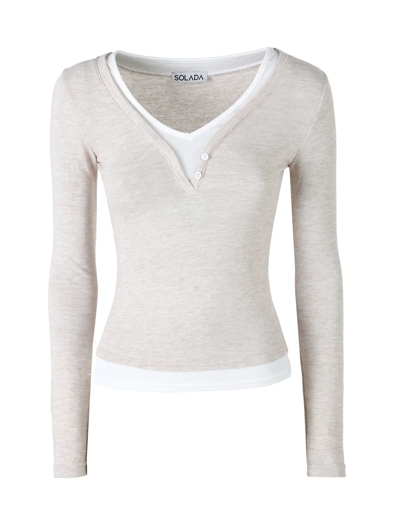 Maglia donna a maniche lunghe in cotone con doppio scollo a V - beige