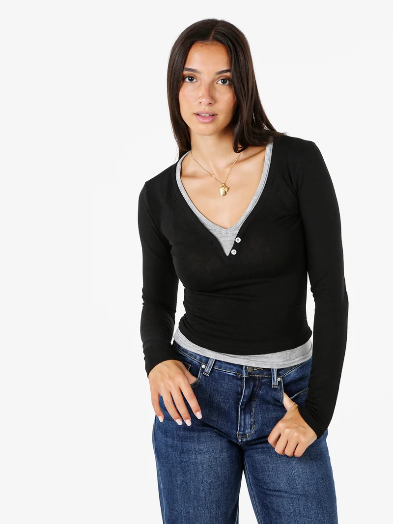 Maglia donna a maniche lunghe in cotone con doppio scollo a V - nero
