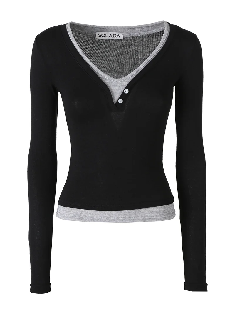 Maglia donna a maniche lunghe in cotone con doppio scollo a V - nero