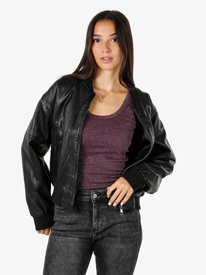 Giacca ecopelle da donna con zip - nero