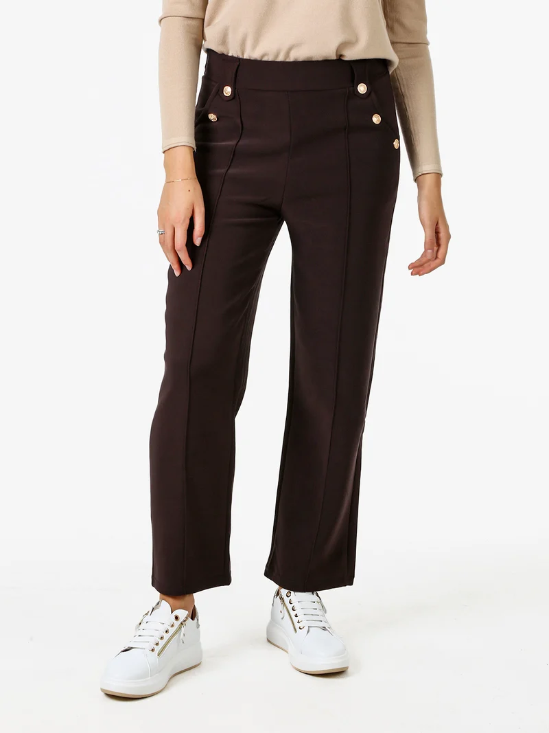 Pantaloni donna a vita alta con interno felpato e bottoni decorativi dorati - moro