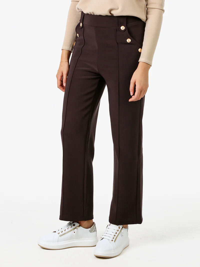 Pantaloni donna a vita alta con interno felpato e bottoni decorativi dorati - moro