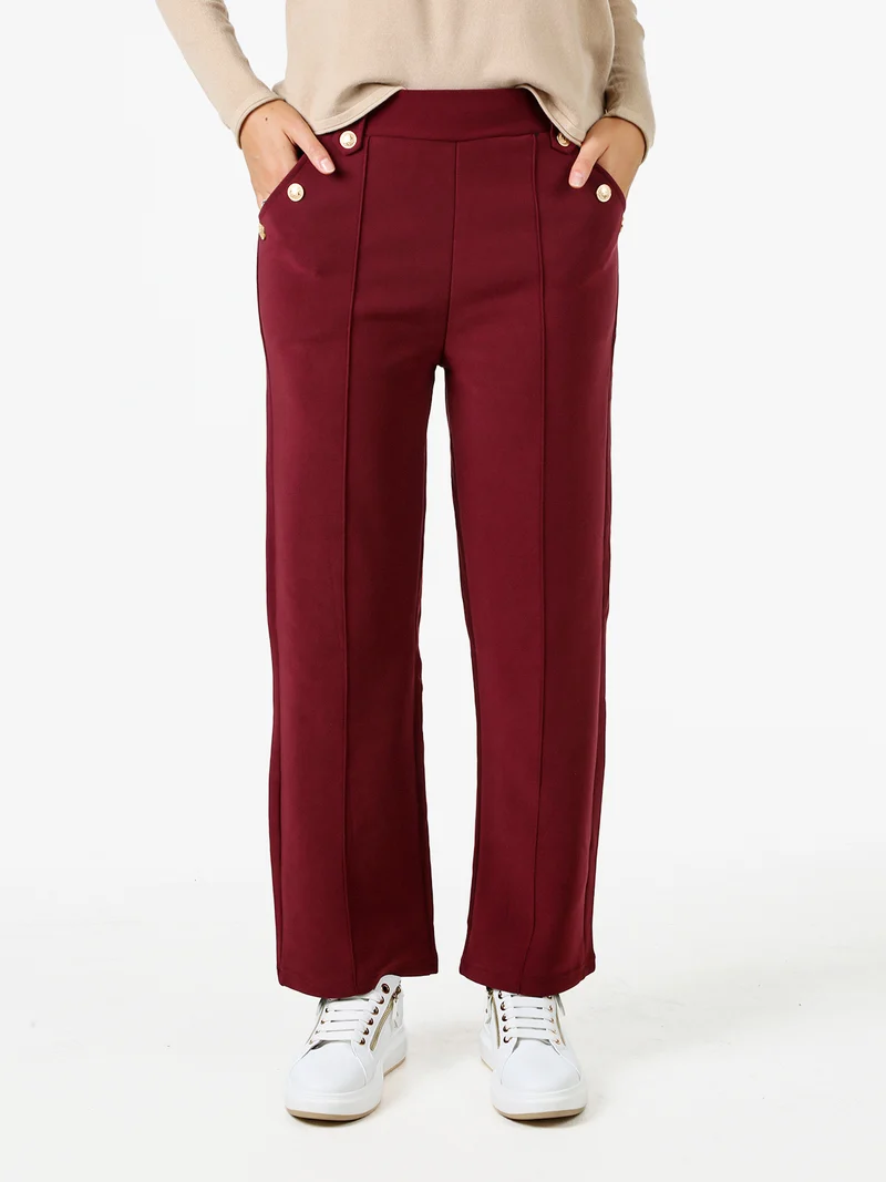 Pantaloni donna a vita alta con interno felpato e bottoni decorativi dorati - bordeaux