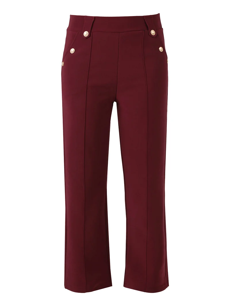 Pantaloni donna a vita alta con interno felpato e bottoni decorativi dorati - bordeaux