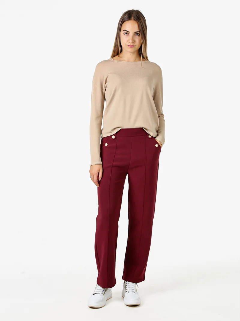 Pantaloni donna a vita alta con interno felpato e bottoni decorativi dorati - bordeaux