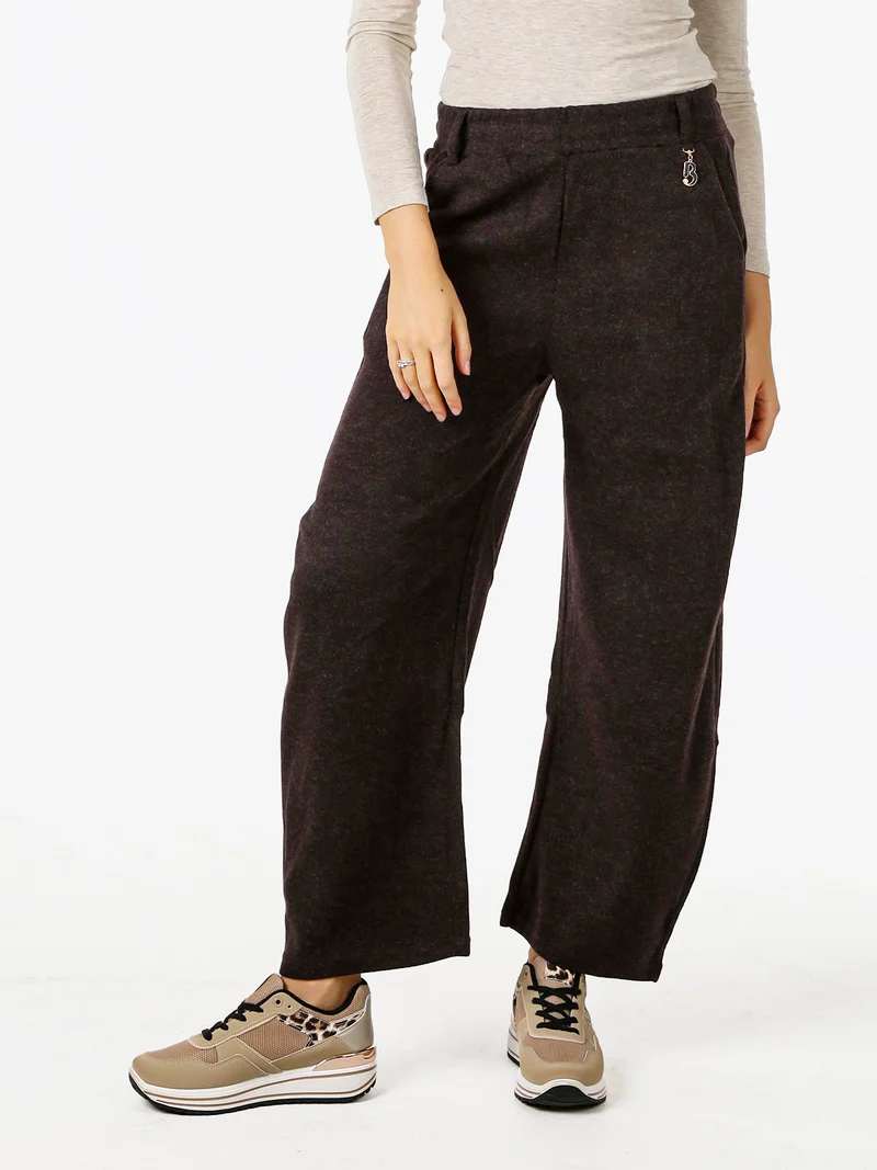 Pantaloni donna in feltro con elastico in vita - moro